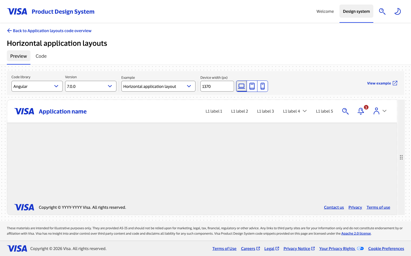 The Preview tab of a Patterns page showing a rendered horizontal application layout at desktop width with navigation, content area, and footer