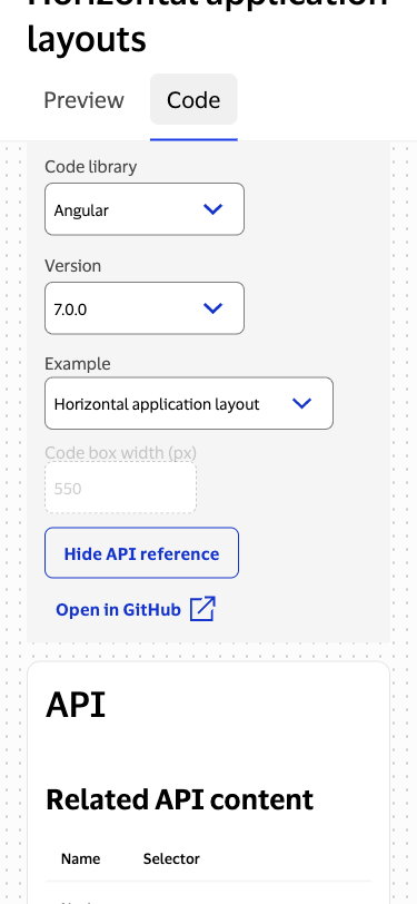 Mobile view of the Code tab with API reference expanded, showing the stacked layout with the Hide API reference button and the API reference table below