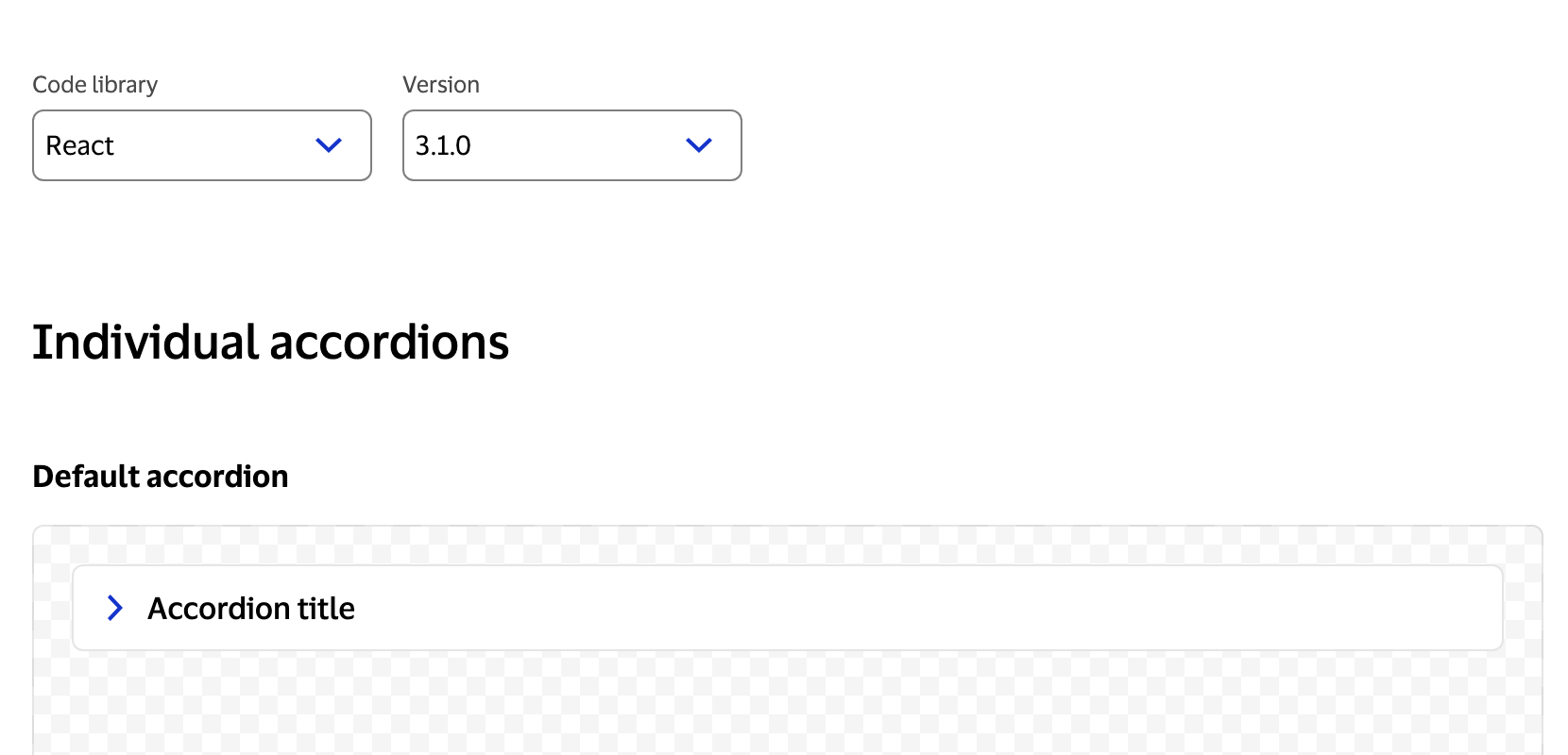 The Code library and Version dropdowns on design.visa.com with React selected, above a live code example showing the framework-specific implementation.