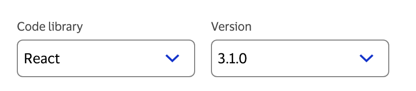 Code library dropdown showing React selected, with a Version dropdown