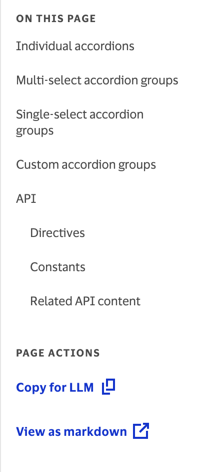Close-up of the right sidebar showing ON THIS PAGE navigation and PAGE ACTIONS section with Copy for LLM and View as markdown links