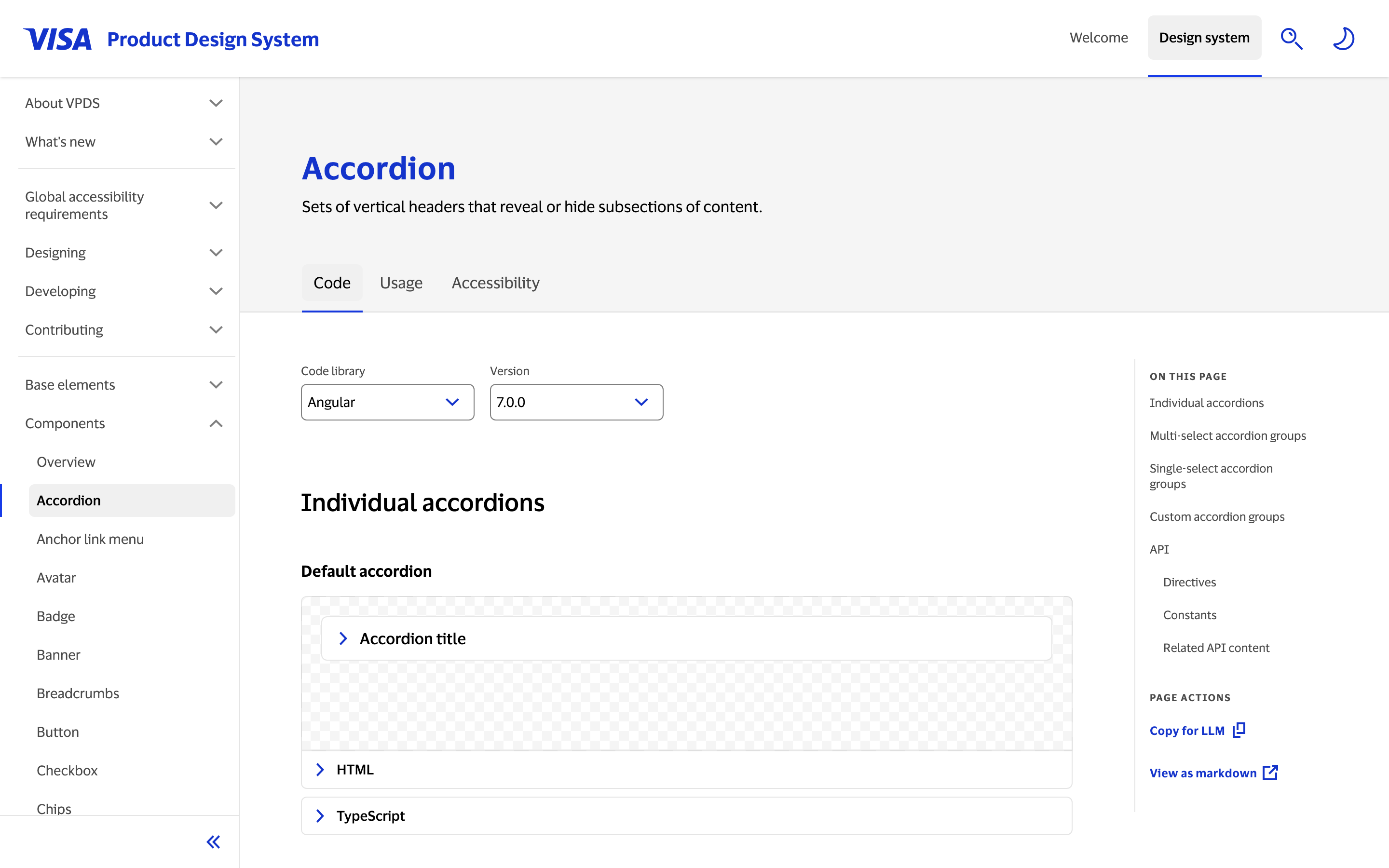 Close-up of the right sidebar on design.visa.com showing the PAGE ACTIONS section with Copy for LLM and View as markdown links.