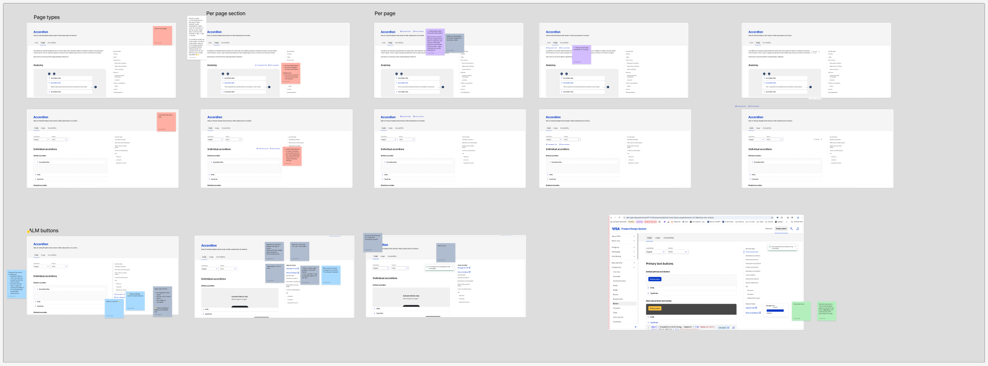 FigJam board showing placement exploration across page types, per-section, and per-page approaches with annotated wireframes