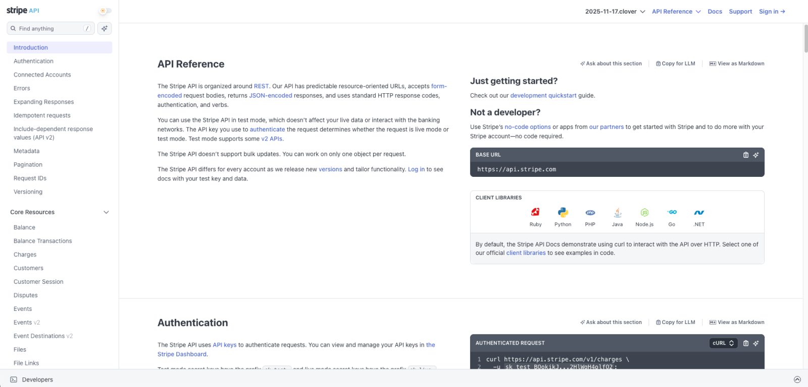 Stripe API reference showing per-section Copy for LLM and View as Markdown buttons next to the Authentication heading