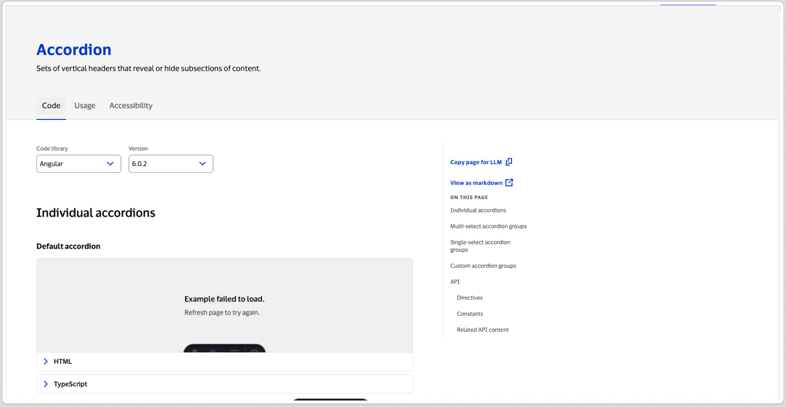 Wireframe of the same sidebar with Copy page for LLM and View as markdown links added above the ON THIS PAGE navigation