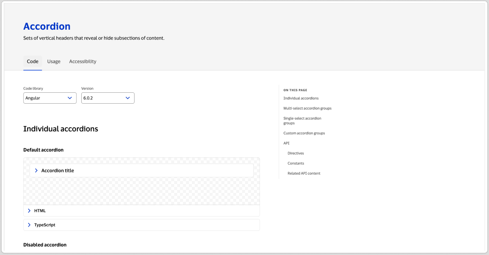 Wireframe of the Accordion component page sidebar showing only the ON THIS PAGE section with no page actions yet