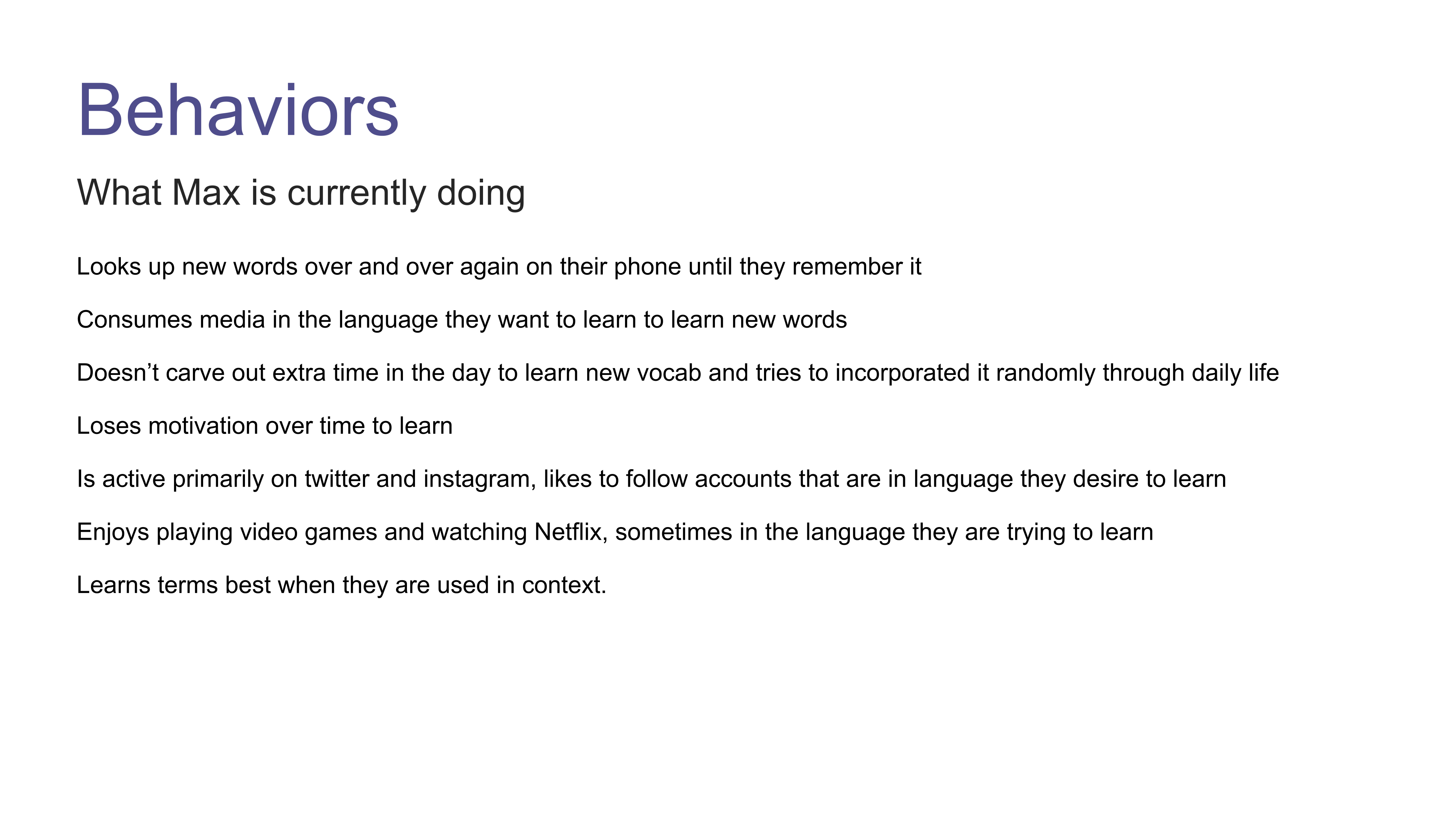 Proto-persona slide for Max: 25-year-old bilingual nurse in Seattle learning Japanese, with quote "I need an app that lets me expand my vocabulary in conversational Japanese"